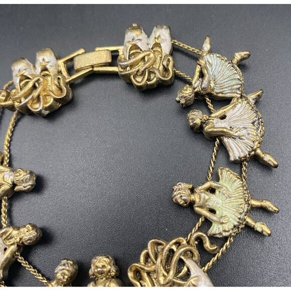 Vtg Ballerina Slide Charm Bracelet Ballet Dance Slippers Silver Wash Gold Tone - Picture 3 of 9